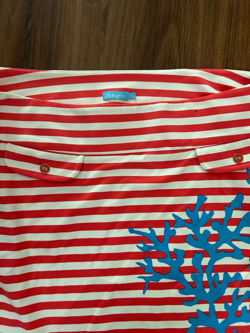 J. McLaughlin Red and White Striped Mini Skirt with Blue Coral Print